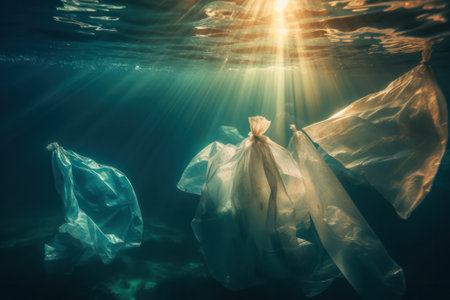 Toxic plastic waste floating underwater in the ocean. Generative AIの素材