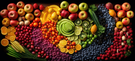 various fruits lie on a dark table. The concept of proper nutrition and healthy organic food. Generative AIの素材