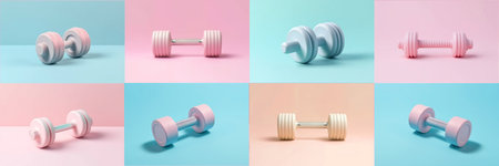 The concept of fitness and healthy sports. Pastel color dumbbell on pastel background.set or banner Generative AIの素材