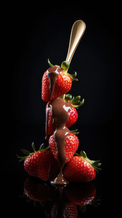 a slide of strawberries poured with hot chocolate on a black background. world chocolate day.Generative AIの素材