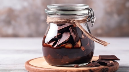 handmade chocolate-nut cream paste in a glass jar on the table. world chocolate day.Generative AIの素材
