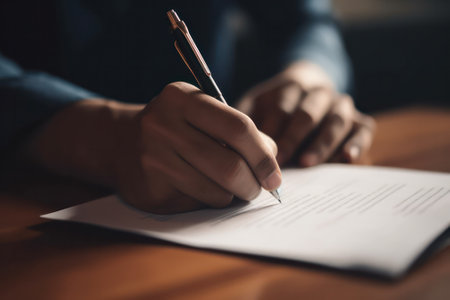 close-up hands filling out some document or signing it.hands signing documents. Generative AIの素材