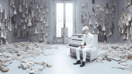 man sits in a white room with elements of musical instruments and symbols.art .Music day. Generative AIの素材