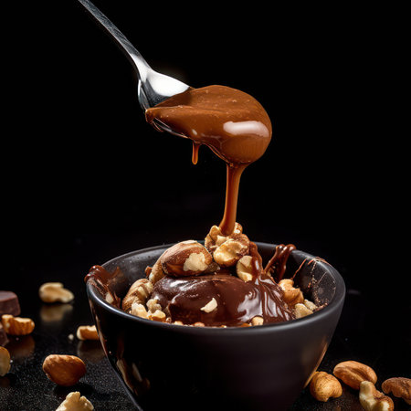 from a spoon of chocolate paste pours on nuts on a black background. Chocolate Day. Generative AIの素材