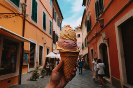 hand holding soft ice cream against street and building backdrop. ice cream day.Generative AIの素材