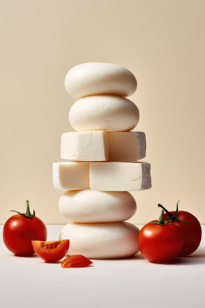 mozzarella cheese stacked on top of each other in the form of a pyramid, on a light colored background with tomatoes. The concept of cheese. Generative AIの素材
