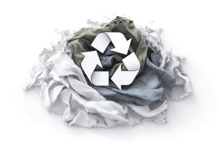 The recycling symbol lies on a rag. recycling arrows, reuse, recycling logo. Sale of used clothing, recycling or donation. Generative AIの素材