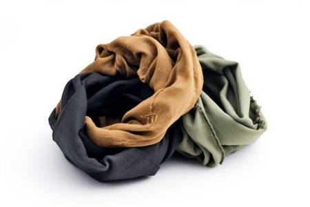 old clothes for recycling on a white background. textiles, environmentally friendly. conscious consumption. Generative AIの素材