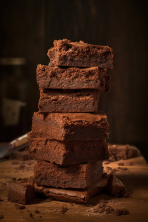 Heap of broken chocolate sprinkled with cocoa on a dark background. chocolate Day. Generative AIの素材