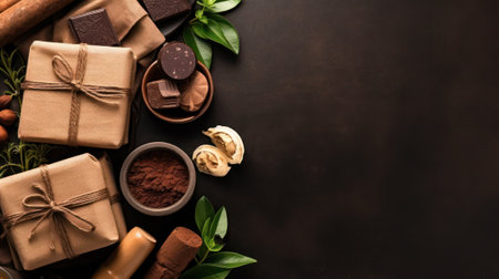 natural cosmetic. Spa skin care ingredients for chocolate wraps. Cocoa powder, chocolate, milk, cinnamon, clean and towels close-up on a dark background. Generative AIの素材