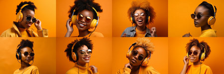 young people in headphones and bright clothes listen to music on a colored background. set, collage.Generative AIの素材