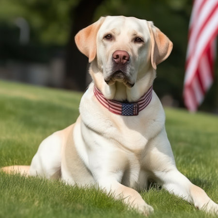 Cute golden retriever dog in a clearing with the USA flag. memorial day celebration. Generative AIの素材