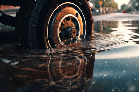 Close-up of an automobile wheel after an accident on a city street. wheel after an accident on the road. life insurance and protection concept.Generative AIの素材