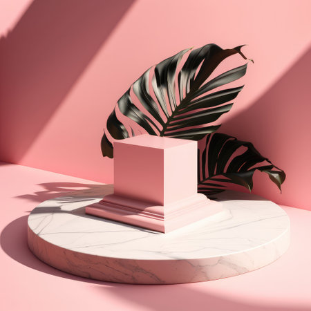 Cosmetic bottle marble podium and green leaves on pink background.small cosmetic background for product presentation.Generative AIの素材