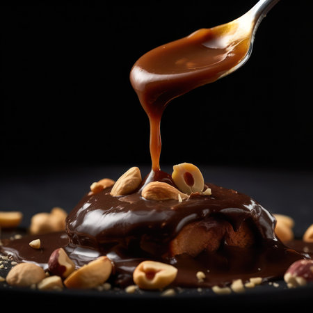 from a spoon of chocolate paste pours on nuts on a black background. Chocolate Day. Generative AIの素材