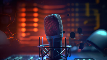 studio microphone on background with bokeh . sound recording equipment. Generative AIの素材