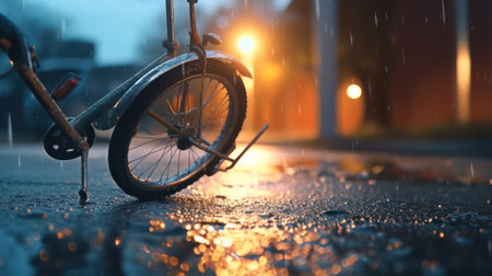 Close-up of a bicycle accident on the city street.broken bike on the roadway.bicycle wheel after an accident on the road. life insurance and protection concept.Generative AIの素材