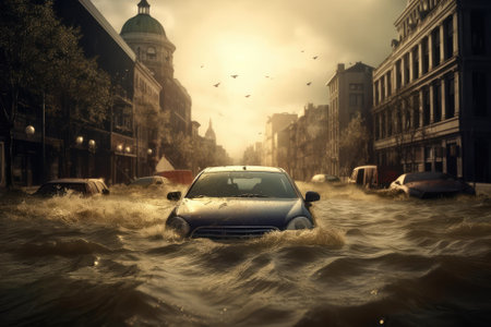 high water level on a city street from a flood, after a rainstorm or an avalanche. Houses and cars are flooded. The concept of natural disaster insurance and life and property insurance. Generative AIの素材