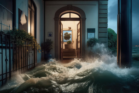 high water level on a city European street from a flood, after a downpour or an avalanche. The concept of natural disaster insurance and life and property insurance.Generative AIの素材