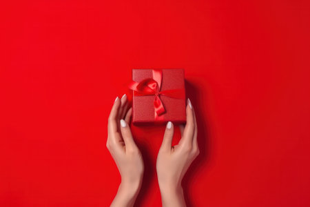 Womens hands give a gift on a red background. the concept of Christmas and New Year. copyspace. generative AIの素材