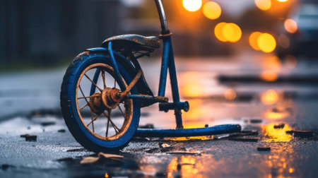 Close-up of a childrens bicycle accident on the city street.broken bike on the roadway.bicycle wheel after an accident on the road. life insurance and protection concept.Generative AIの素材