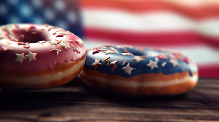 assortment of donuts with icing with the American flag pattern on the icing, on a wooden table against the background of the American flag. Donut Day in the USA. Generative AIの素材