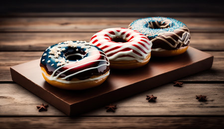 assortment of donuts with icing with the American flag pattern on the icing, on a wooden table . Donut Day in the USA. Generative AIの素材