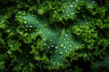 Green wet lettuce leaves with water drops, texture, macro photography, wallpaper, background. Generative AIの素材