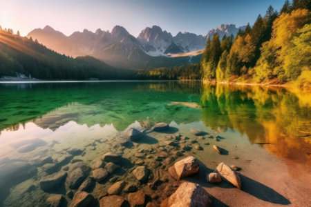 Panoramic view of a mountain lake in a natural landscape. Generative AIの素材