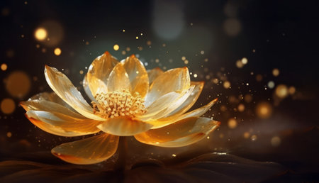 A beautiful radiant flower emerging from the night. flower on the background of bokeh and magic glow. Design for walls, photo wallpapers, wallpapers, photo wallpapers, postcards .Generative AIの素材