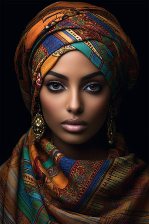 portrait of a beautiful black woman in a bright headdress, clothes and jewelry, ethnic beauty.one of a set of 50 portraits of representatives of different ethnic groups and countries.Generative AIの素材
