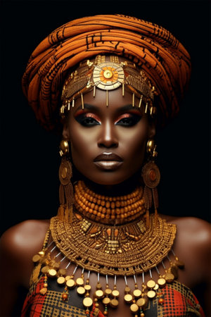 portrait of a beautiful black woman in a bright headdress and jewelry, ethnic beauty.one of a set of 50 portraits.Generative AIの素材