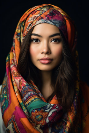portrait of a beautiful black woman in a bright headdress, clothes and jewelry, ethnic beauty.one of a set of 50 portraits of representatives of different ethnic groups and countries.Generative AIの素材