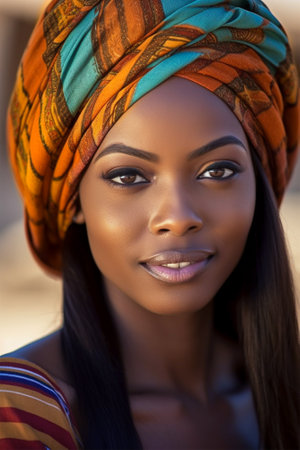 portrait of a beautiful black woman in a bright headdress, clothes and jewelry, ethnic beauty.one of a set of 50 portraits.Generative AIの素材