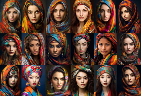 collage portraits of beautiful young women in bright headscarves, representatives of different countries, ethnic diversity. set of 18 portraits.Generative AIの素材