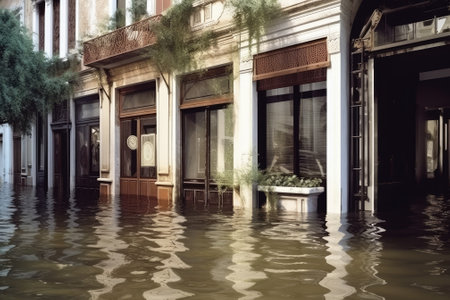 high water level on a city European street from a flood, after a downpour or an avalanche. The concept of natural disaster insurance and life and property insurance.Generative AIの素材