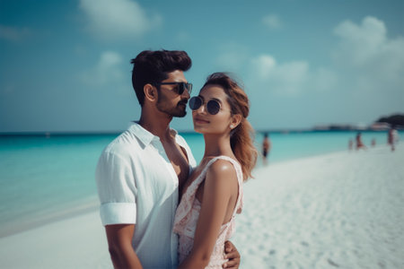 Cropped close up portrait of a beautiful cute couple enjoying each other by the sea.Generative AIの素材