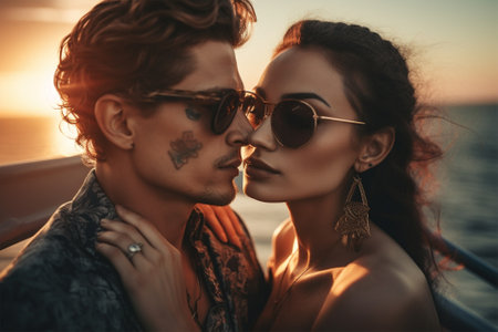 Cropped closeup portrait of a beautiful cute couple enjoying each other at sunset by the sea.Generative AIの素材