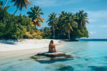 a girl meditates on a tropical island on the shore under palm trees on a sunny day. Taking care of yourself and your health. Generative AIの素材
