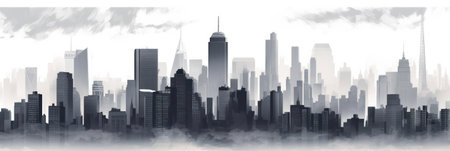 many skyscrapers in the city. skyline. smog fog midday. Generative AIの素材