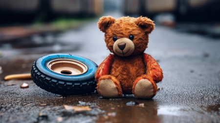 a small teddy bear with a car wheel on a wet slippery road after rain danger on the road.car accident. life and health insurance concept. Generative AIの素材