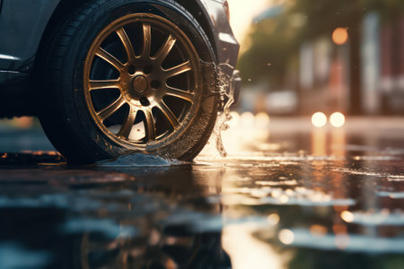 Close-up of an automobile wheel after an accident on a city street. wheel after an accident on the road. life insurance and protection concept.Generative AIの素材