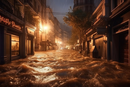 high water level on a city European street from a flood, after a downpour or an avalanche. The concept of natural disaster insurance and life and property insurance.Generative AIの素材