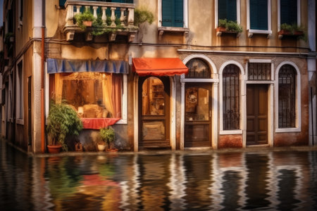 high water level on a city European street from a flood, after a downpour or an avalanche. The concept of natural disaster insurance and life and property insurance.Generative AIの素材