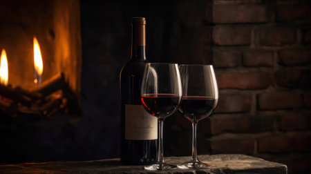 a bottle of red wine and glasses by the flames of the fireplace. background with copy space.Generative AIの素材