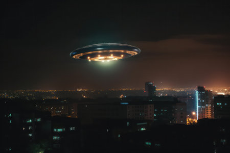 UFO, alien spaceship with a blue beam of light flies over the city. realistic illustration. Generative AIの素材
