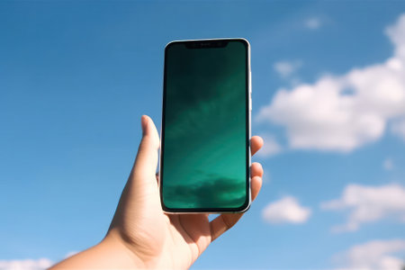 mocap. hand holds a smartphone on the background of a beautiful sky with clouds.copyspace. Generative AIの素材