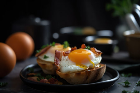delicious Breakfast with egg and bacon on Warm toast. Generative AIの素材