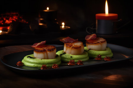 Sauteed Sea Scallops with Pea Puree and Crispy Pancetta. large fried scallops on a bed of colorful green pea puree .Generative AIの素材