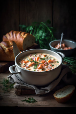smoked salmon soup with cream and herbs. Generative AIの素材